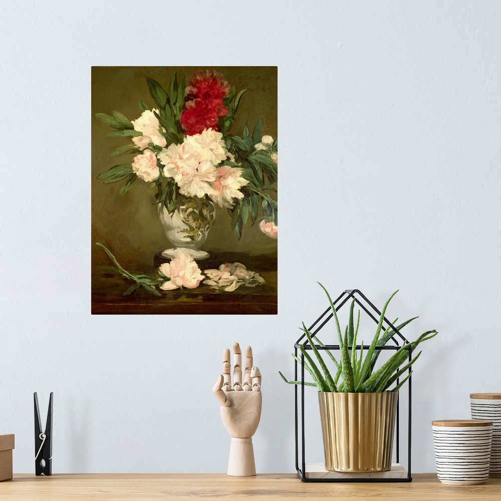 A bohemian room featuring Painting of a bouquet of flowers in a vase that is sitting on a table that has fallen petals and ...