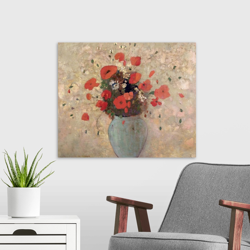 A modern room featuring BRM191084 Vase of poppies (oil on canvas); by Redon, Odilon (1840-1916); 54.6x65.4 cm; Private Co...
