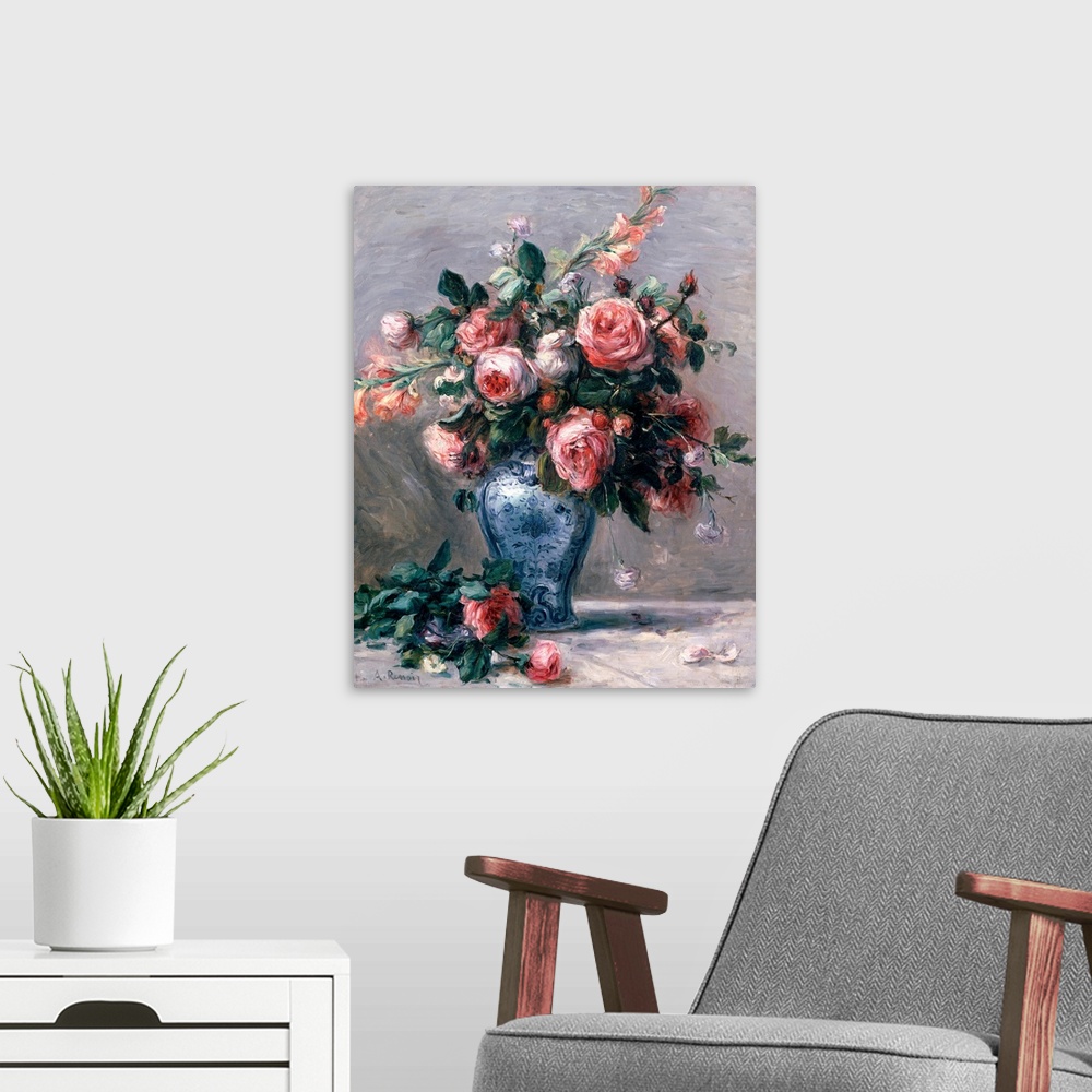 A modern room featuring Big classic art depicts an arrangement of flowers within a decorated container sitting on the gro...