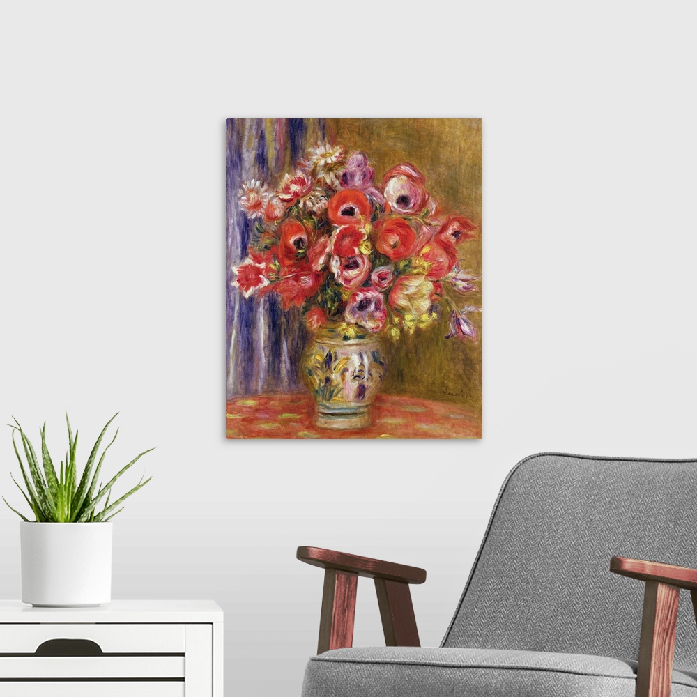 A modern room featuring Big painting on canvas of large flowers in a vase on a table.