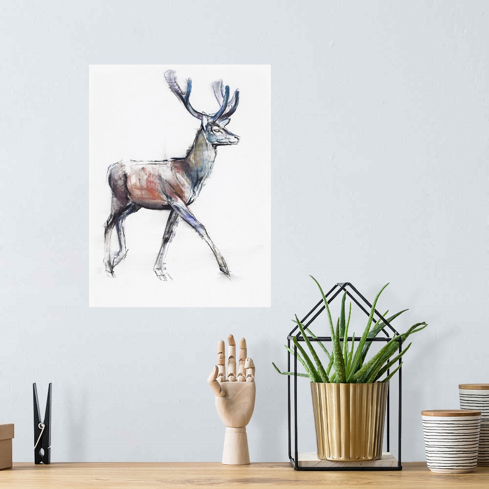 A bohemian room featuring Big drawing on canvas of a deer on a blank backdrop.