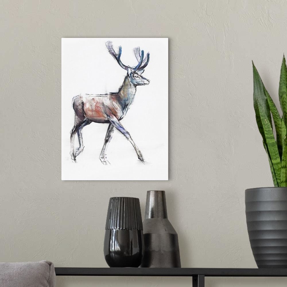 A modern room featuring Big drawing on canvas of a deer on a blank backdrop.