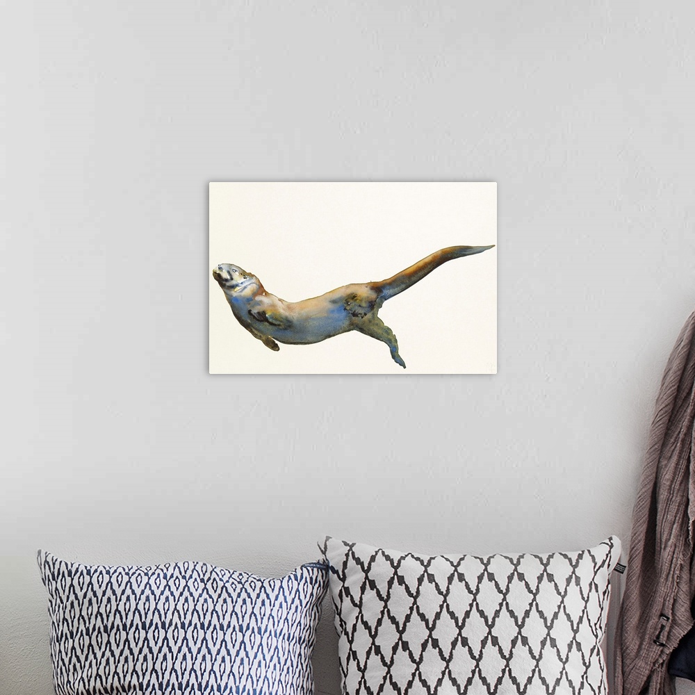 A bohemian room featuring Contemporary artwork of a sea otter from under water.