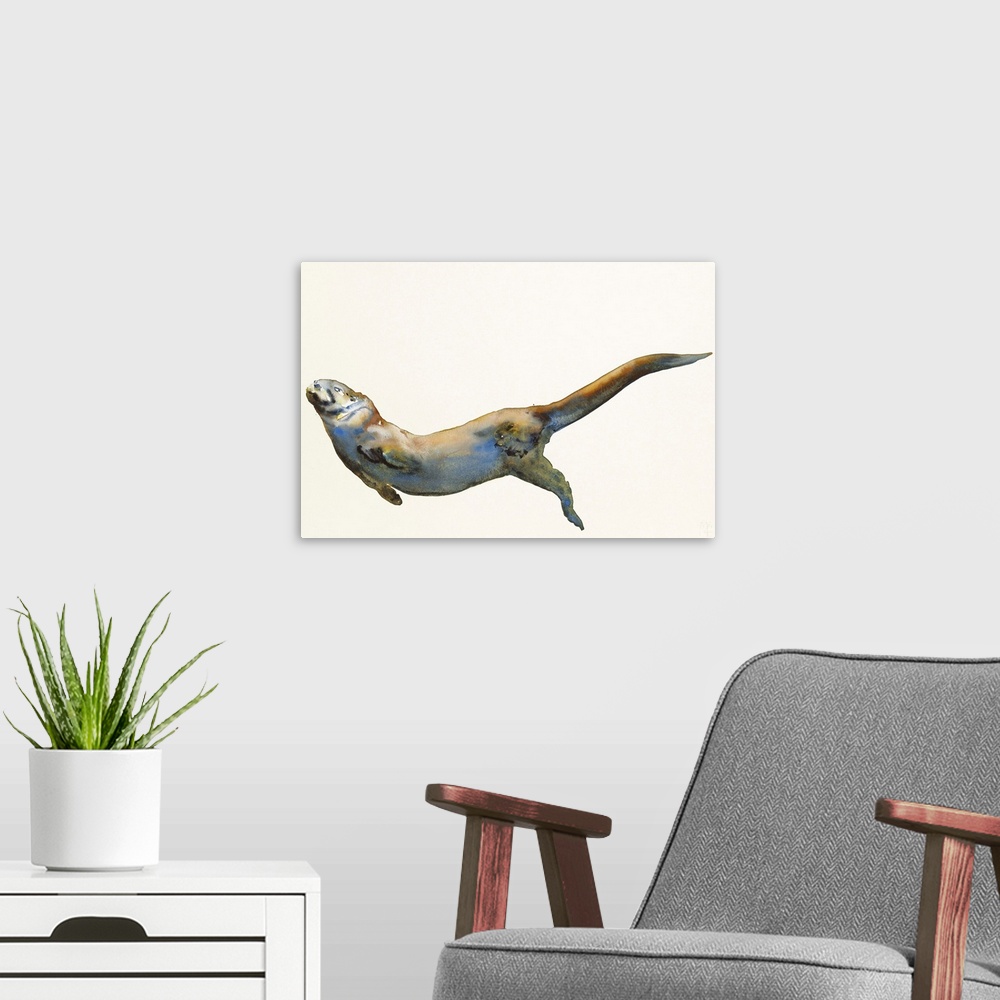 A modern room featuring Contemporary artwork of a sea otter from under water.