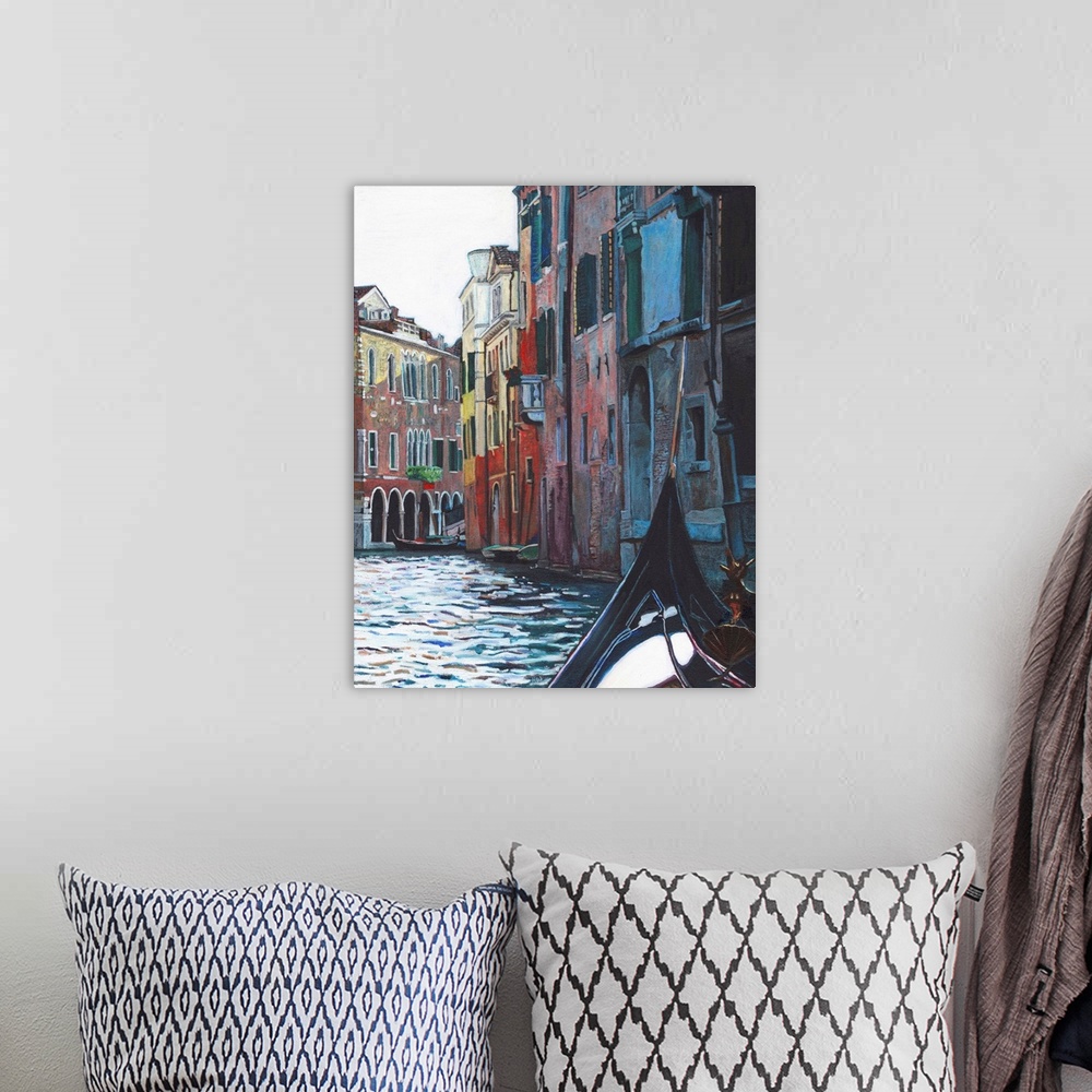 A bohemian room featuring Contemporary painting of a view of Venice from the seat of a gondola.