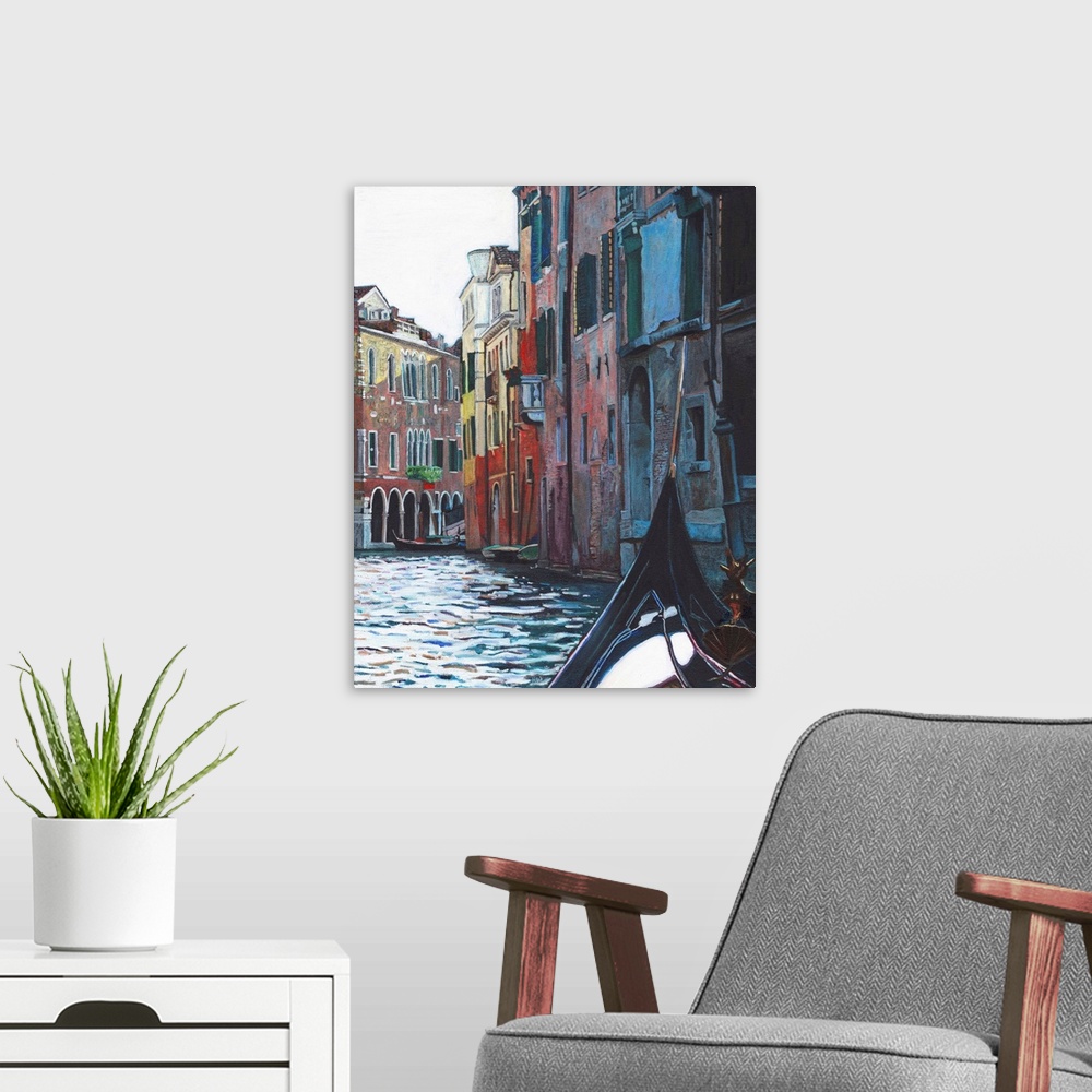A modern room featuring Contemporary painting of a view of Venice from the seat of a gondola.