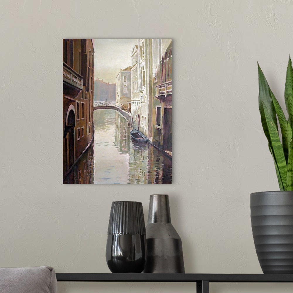 A modern room featuring This decorative wall art is a contemporary vertical painting of a canal and the historic building...