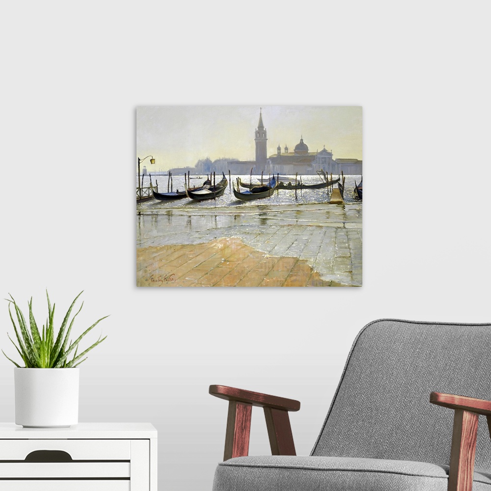 A modern room featuring Horizontal painting on a big wall hanging of gondola boats lined up where brick ground meets the ...