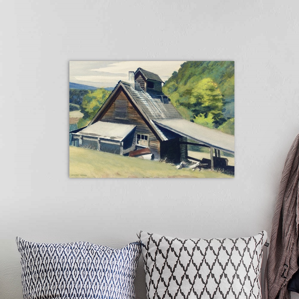 A bohemian room featuring Classic art painting of a wooden house in Vermont on Wagon Wheels farm with mountains lining the ...