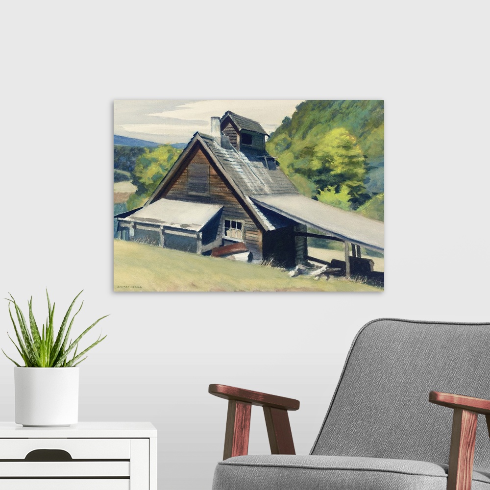 A modern room featuring Classic art painting of a wooden house in Vermont on Wagon Wheels farm with mountains lining the ...