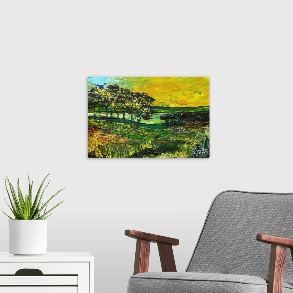 A modern room featuring Contemporary painting of a scenic countryside landscape.