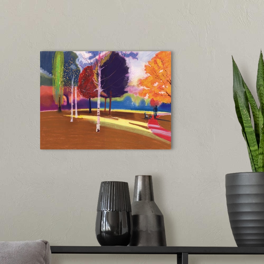 A modern room featuring Contemporary painting of a park with vibrant colorful trees.