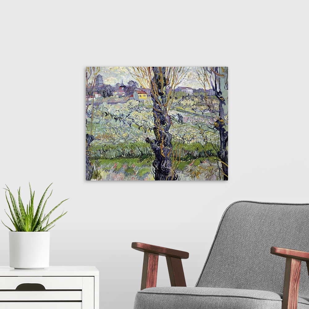 A modern room featuring Painting of park filled with trees with town in the distance seen through three huge tree trunks.