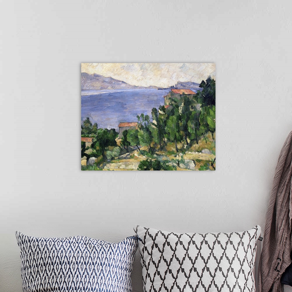 A bohemian room featuring This wall art is a classic painting of a Mediterranean landscape of a sea lined with mountains an...