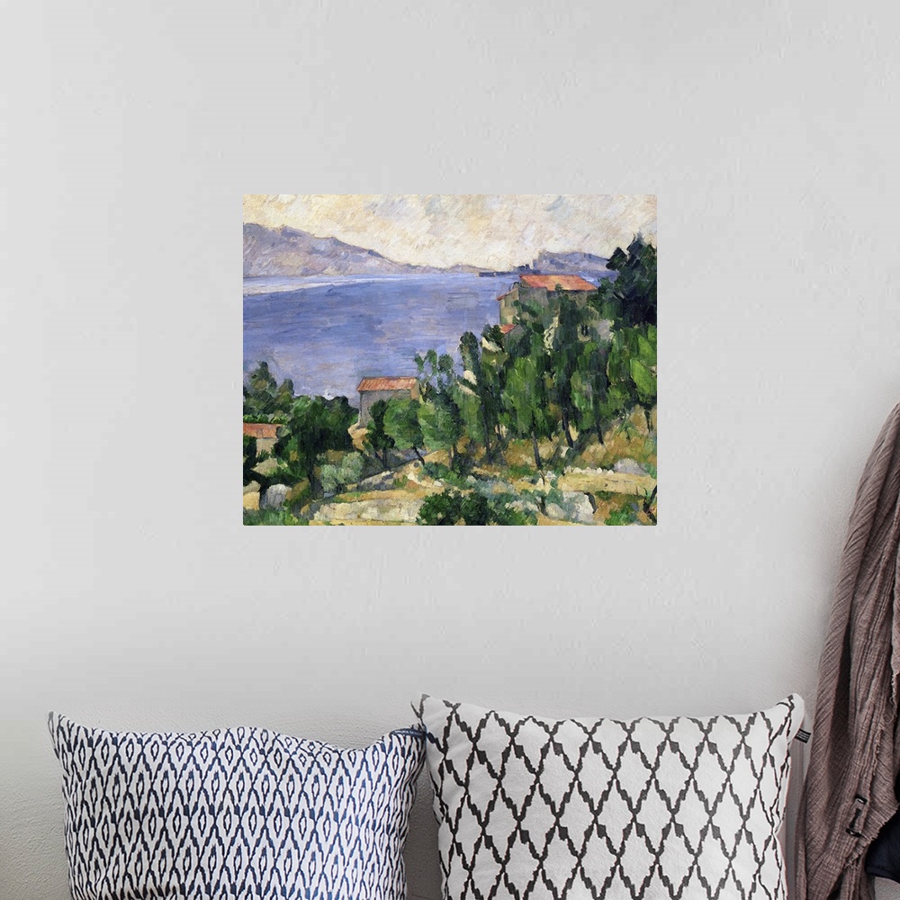 A bohemian room featuring This wall art is a classic painting of a Mediterranean landscape of a sea lined with mountains an...