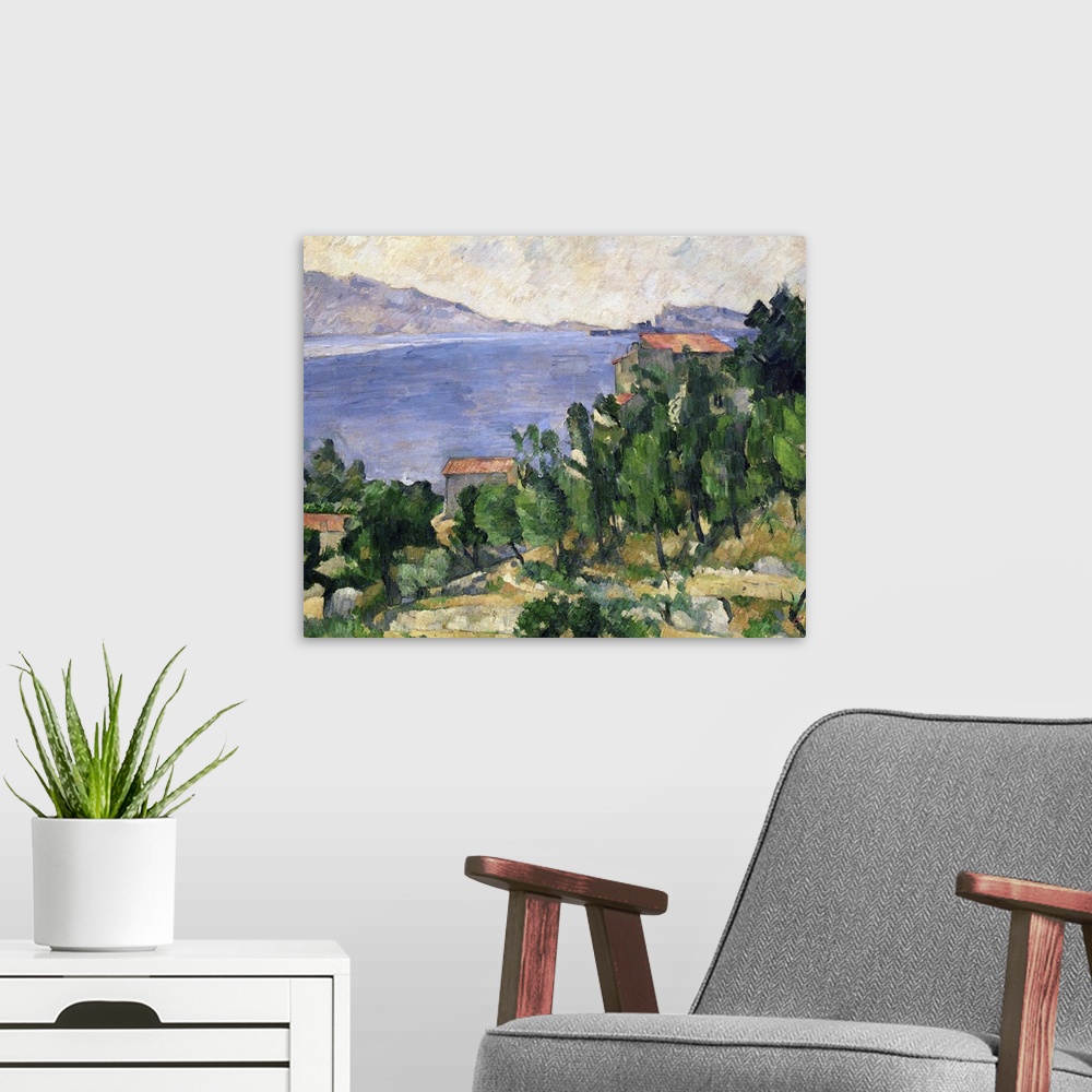 A modern room featuring This wall art is a classic painting of a Mediterranean landscape of a sea lined with mountains an...