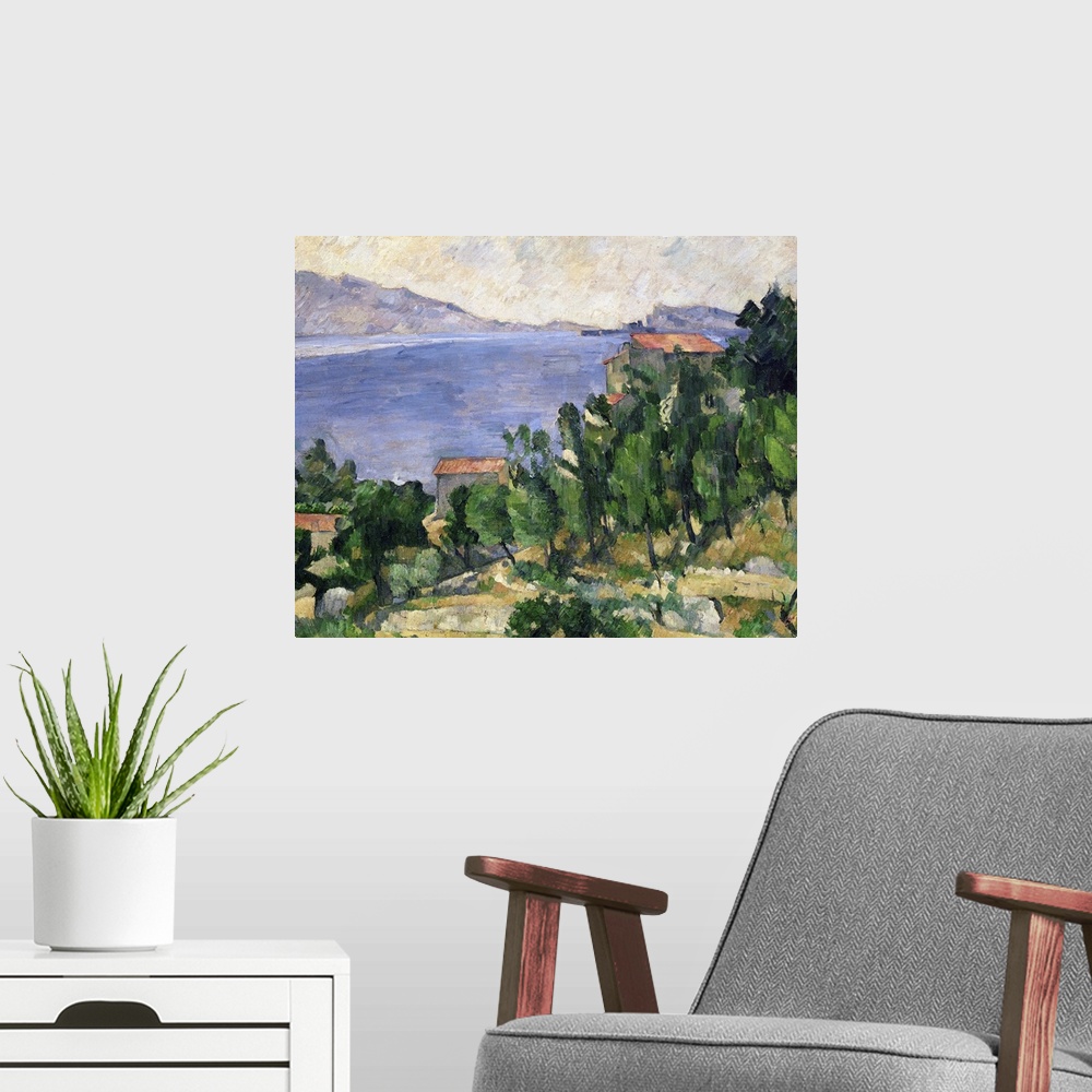 A modern room featuring This wall art is a classic painting of a Mediterranean landscape of a sea lined with mountains an...
