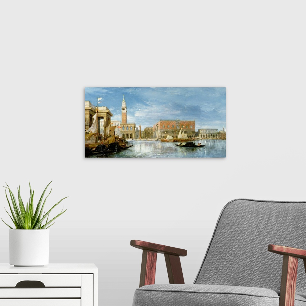 A modern room featuring Oil painting of the Doge's Palace from the water in Venice, Italy.