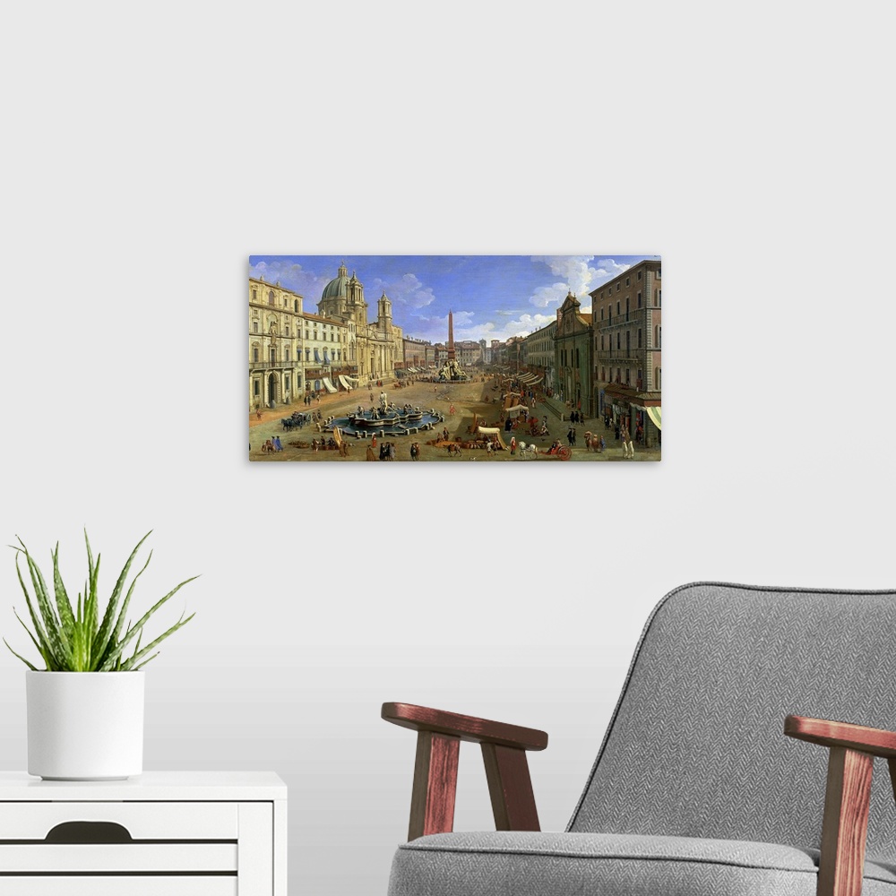 A modern room featuring XJL109939 View of the Piazza Navona, Rome (oil on canvas)  by Canaletto, (Giovanni Antonio Canal)...