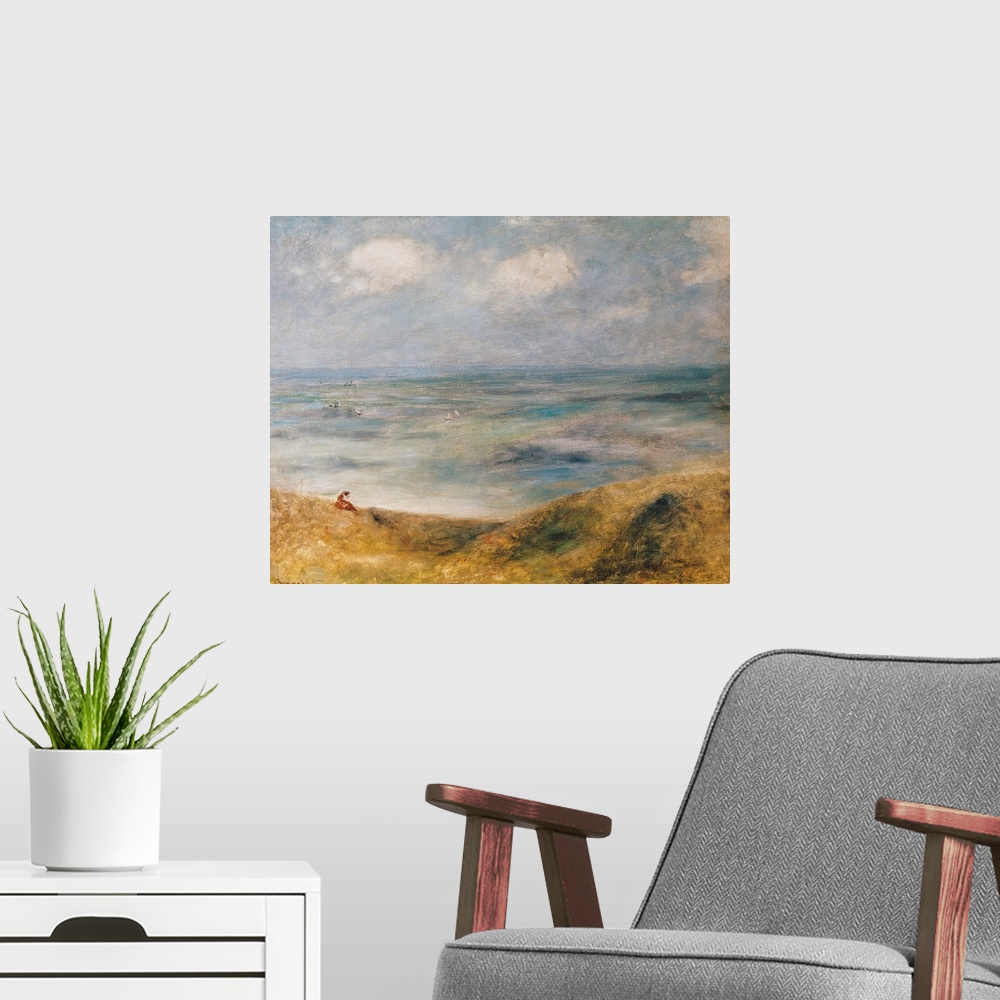 A modern room featuring Large classic art depicts a lone individual sitting on the side of a hill while overlooking the v...