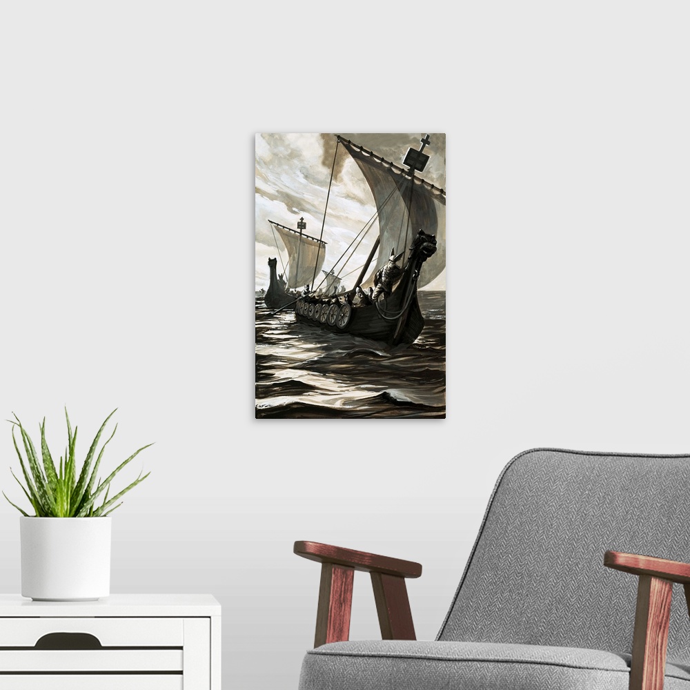 A modern room featuring Viking longboats