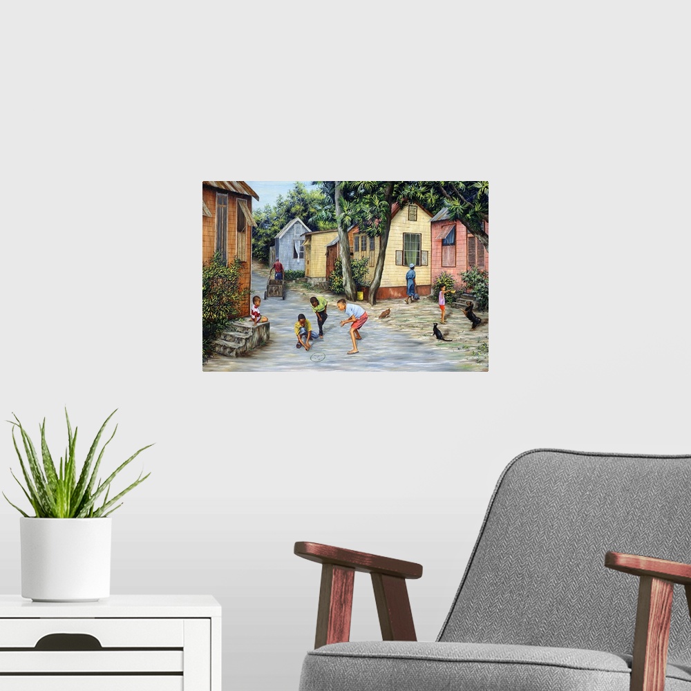 A modern room featuring Big contemporary art shows a daily life scene of children in Barbados playing jacks and feeding a...