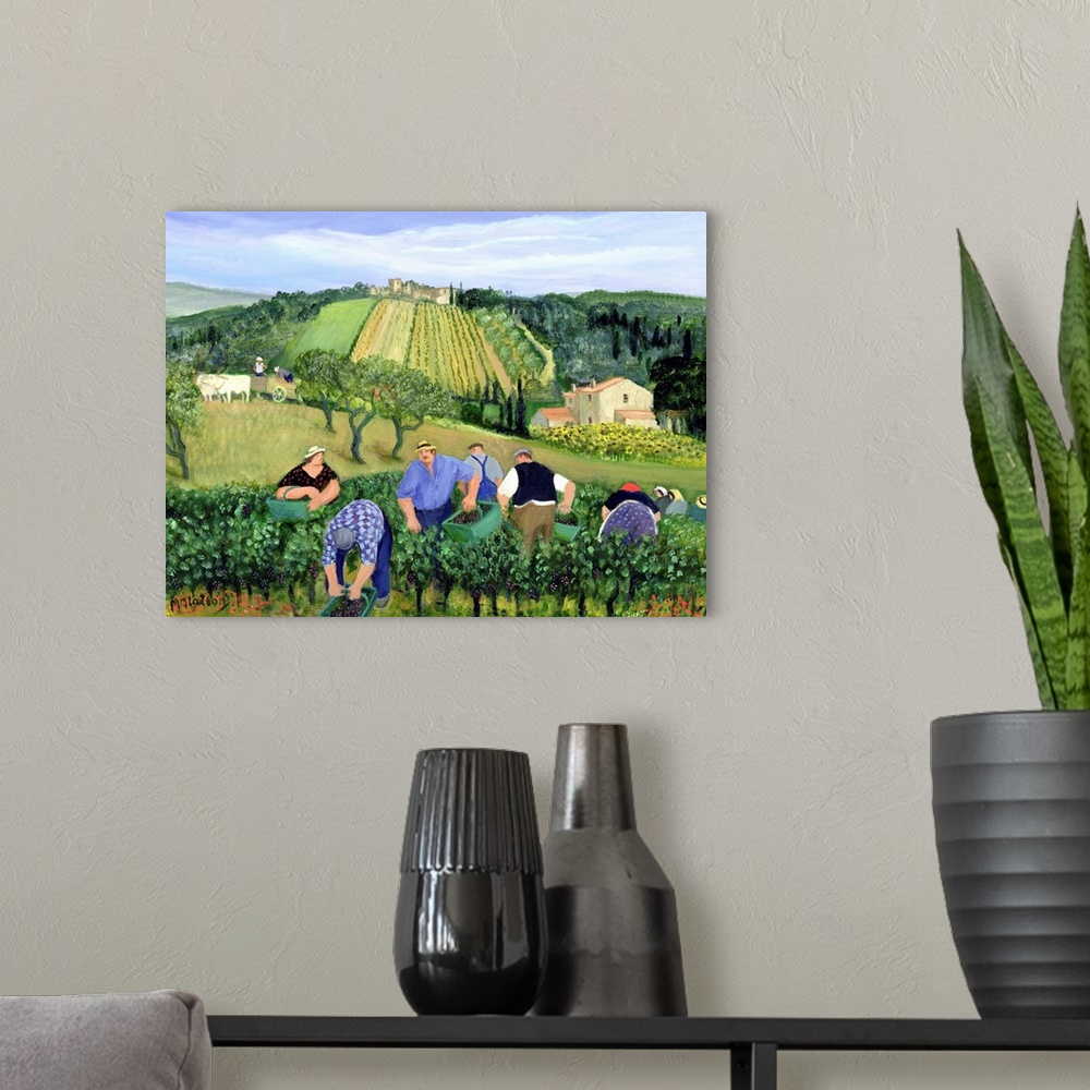 A modern room featuring Contemporary painting of farmers in a vineyard in Tuscany.