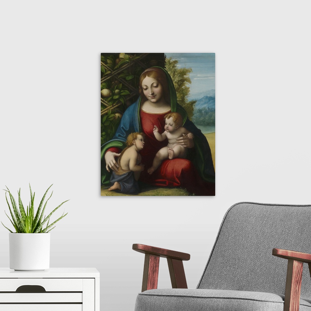 A modern room featuring Virgin and Child with the Young Saint John the Baptist, c.1515, oil on panel.