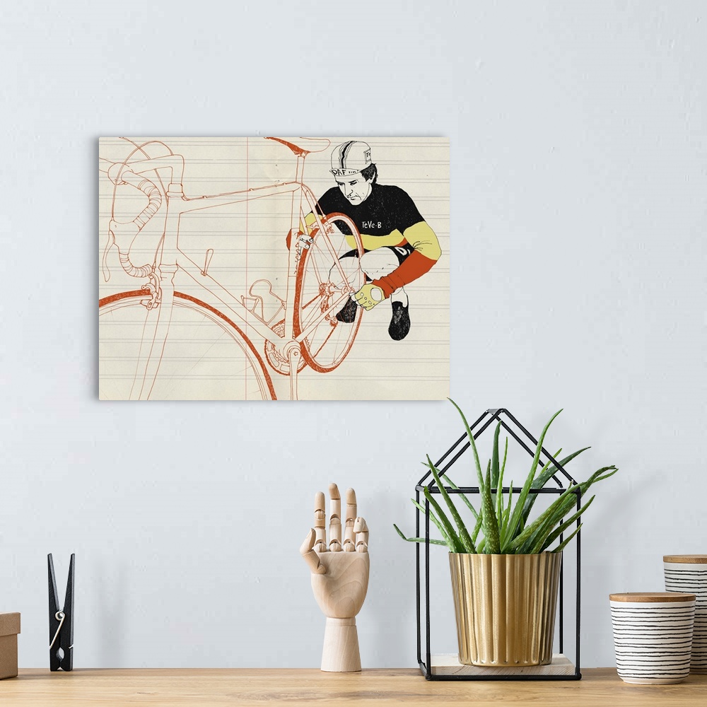 A bohemian room featuring Contemporary illustration of a cyclist knelt down beside his bike inspecting the mechanisms.