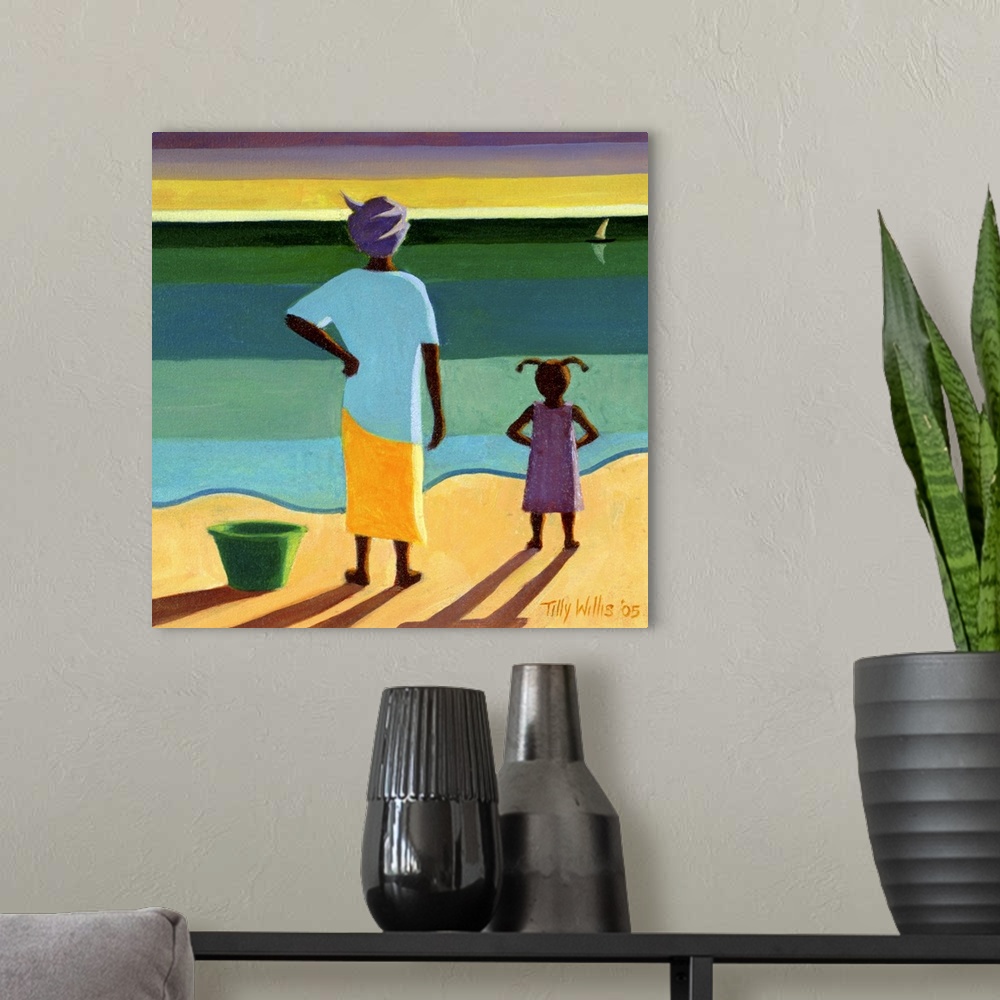 A modern room featuring Large, square contemporary painting of a woman and a small girl standing next to a bucket on the ...