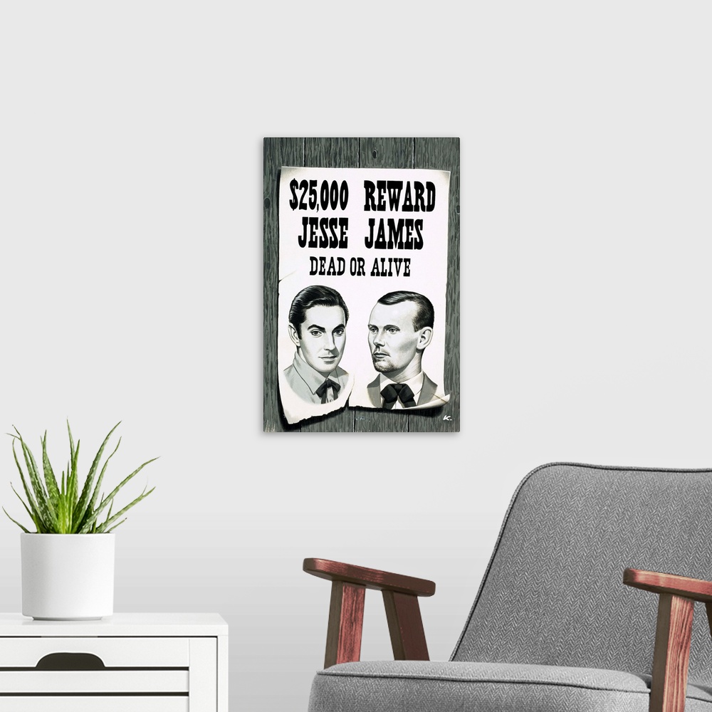 A modern room featuring Wanted poster for Jesse James