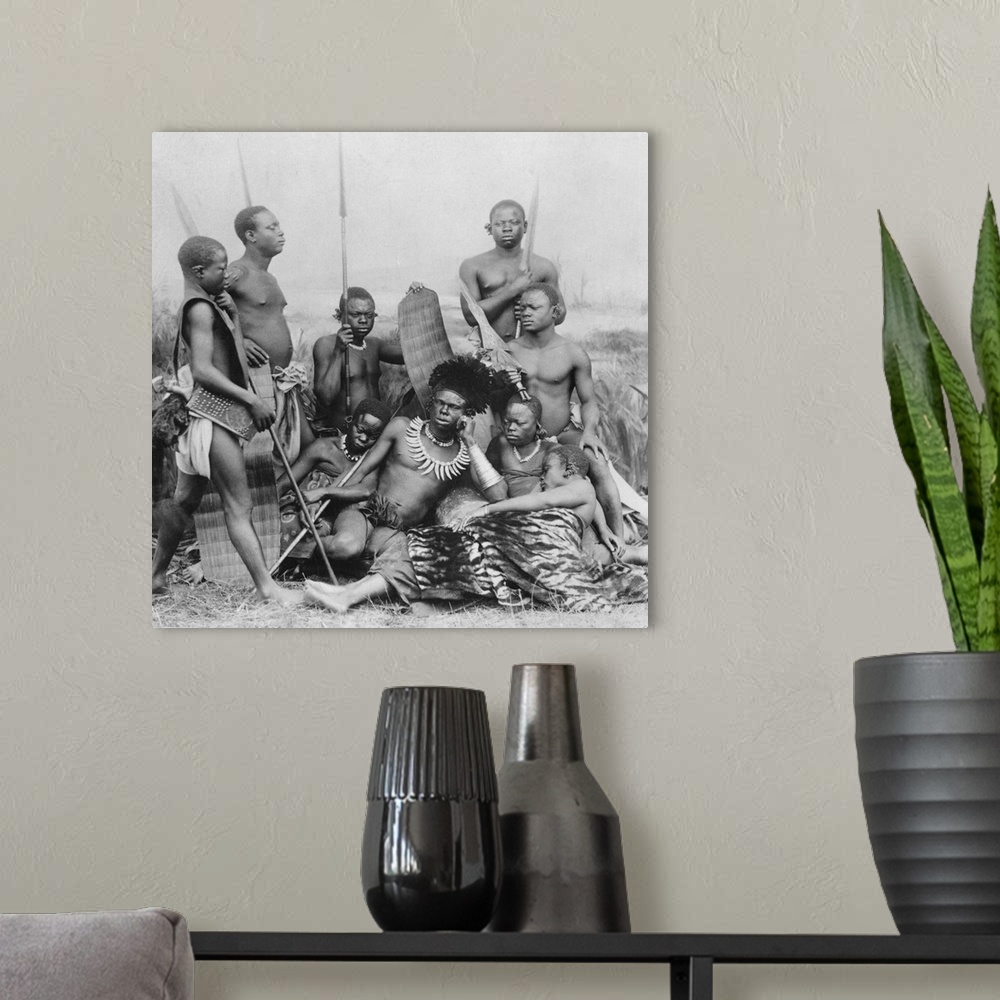 A modern room featuring Warriors, Belgian Congo, 1894