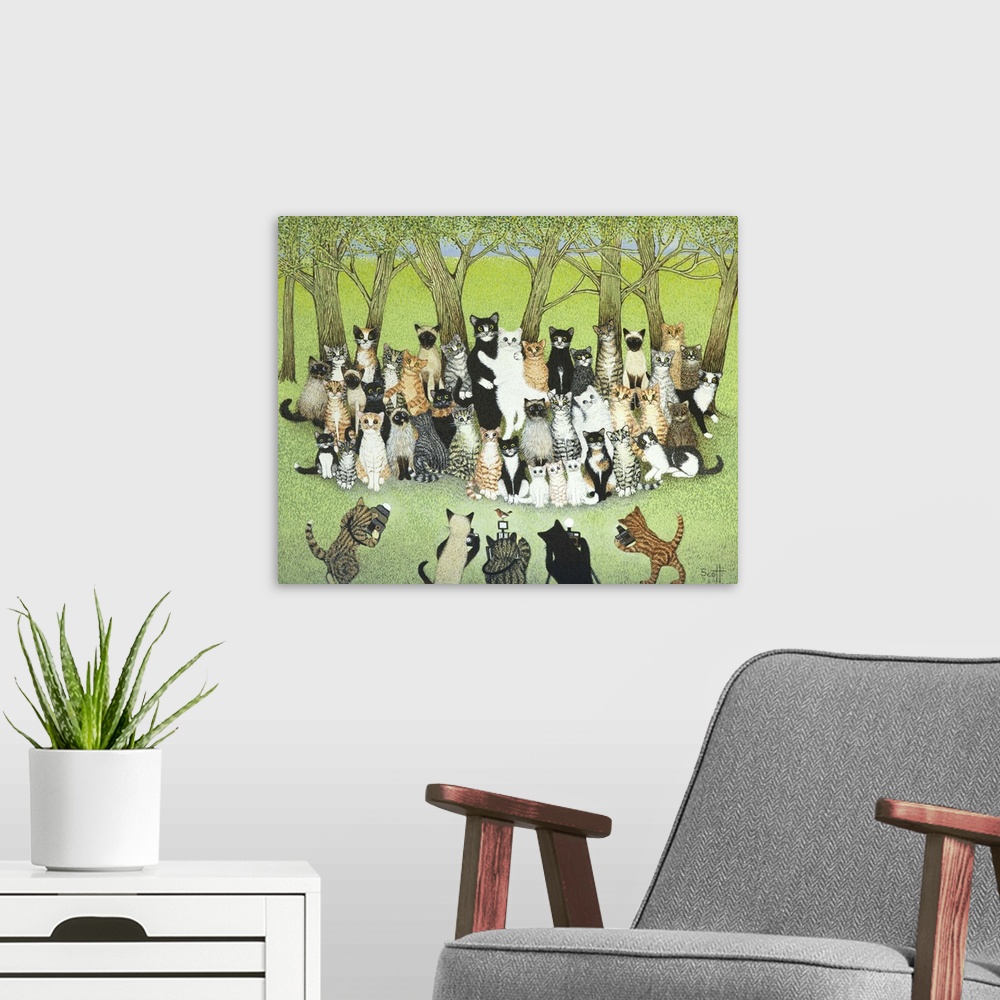 A modern room featuring Contemporary whimsical artwork of a cat wedding ceremony in a forest.