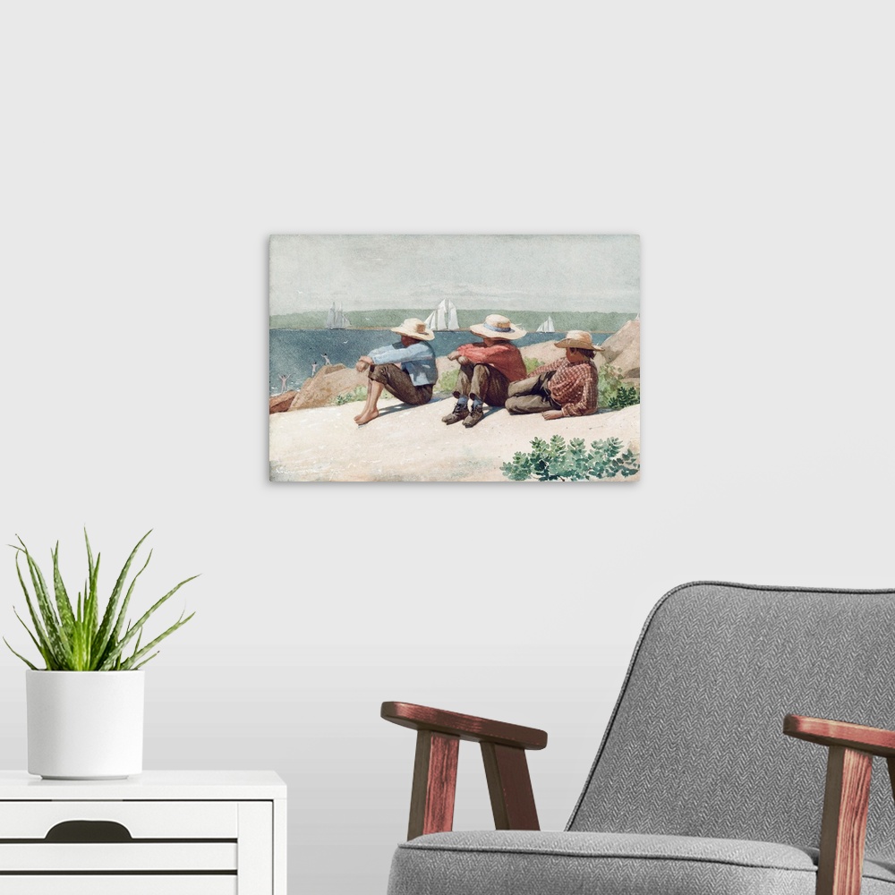 A modern room featuring A serene coastal scene of three boys wearing straw hats and sitting on a large rock watching sail...