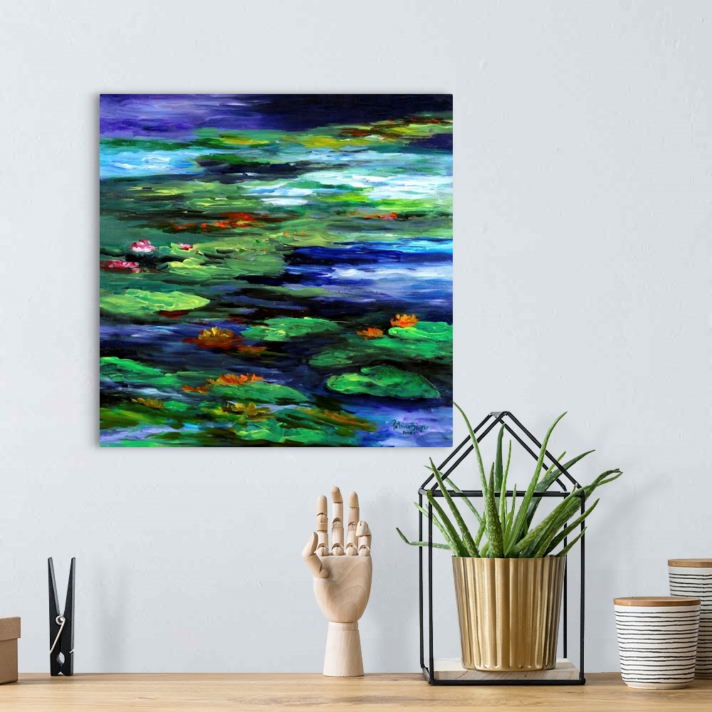 A bohemian room featuring Contemporary painting of a pond with water lilies.