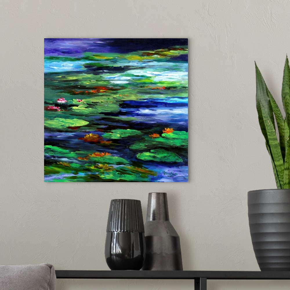 A modern room featuring Contemporary painting of a pond with water lilies.
