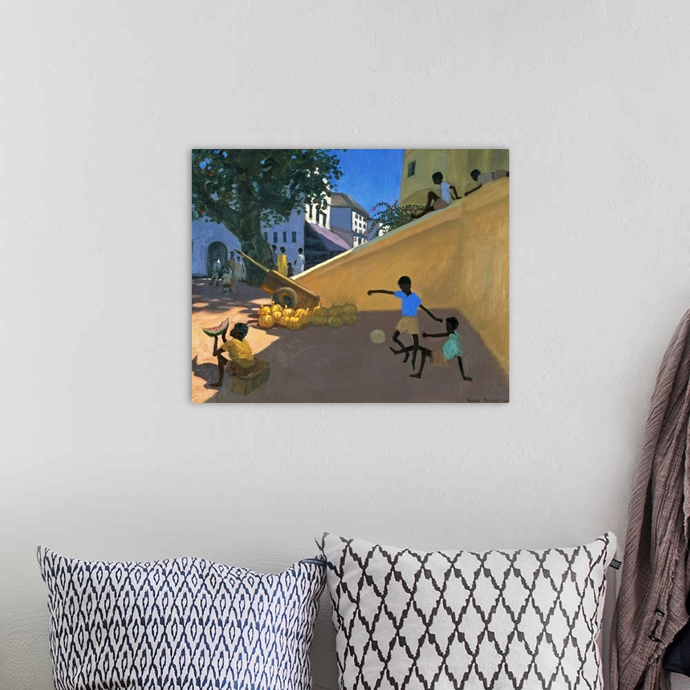 A bohemian room featuring Giant contemporary art portrays a group of children playing and eating watermelons in a street fo...