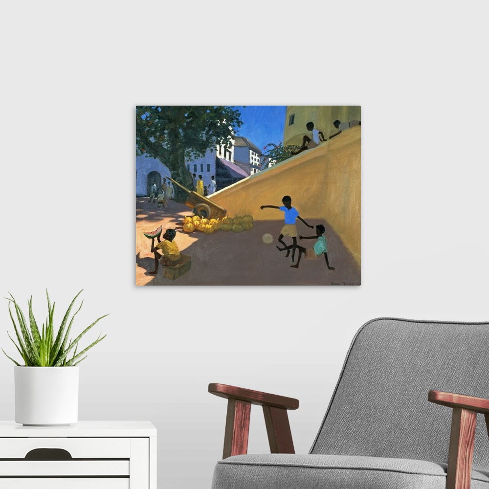 A modern room featuring Giant contemporary art portrays a group of children playing and eating watermelons in a street fo...