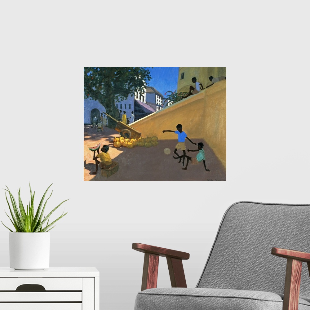 A modern room featuring Giant contemporary art portrays a group of children playing and eating watermelons in a street fo...