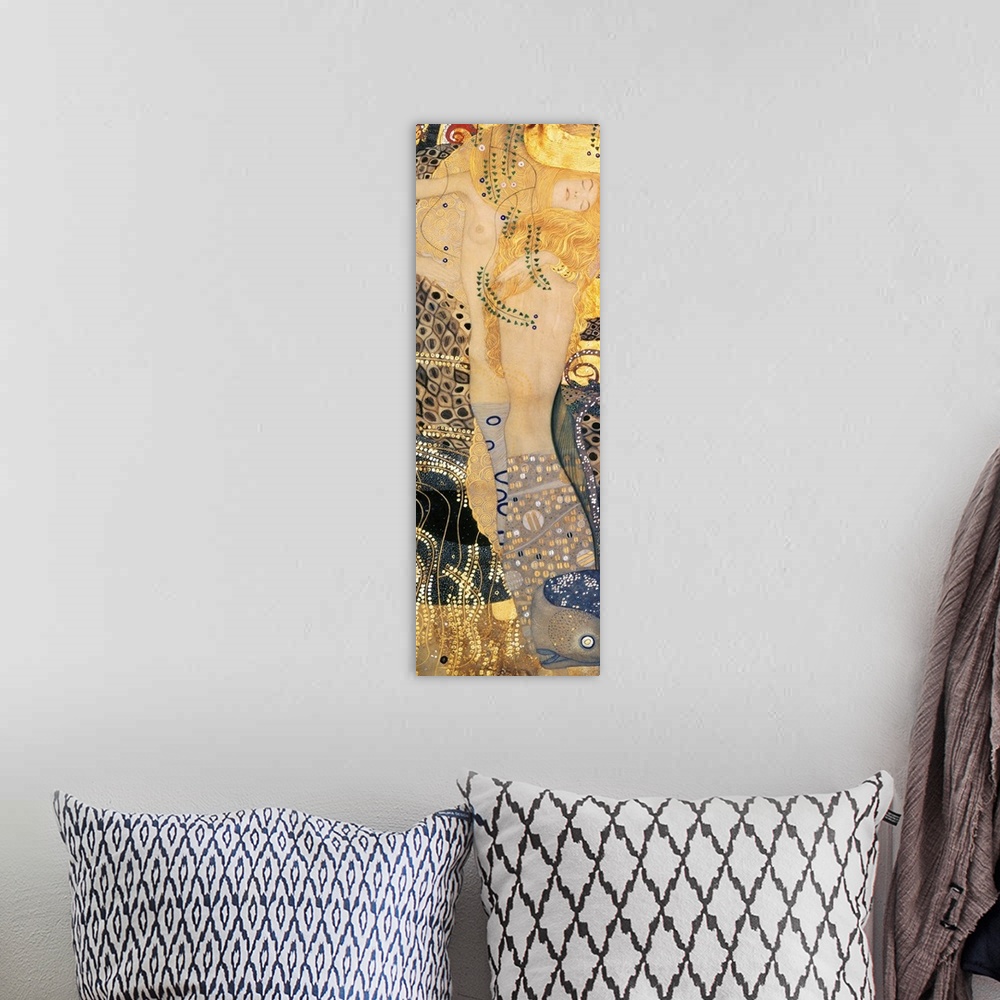 A bohemian room featuring Panoramic classic art showcases a nude woman who is part snake.  This piece includes a variety of...