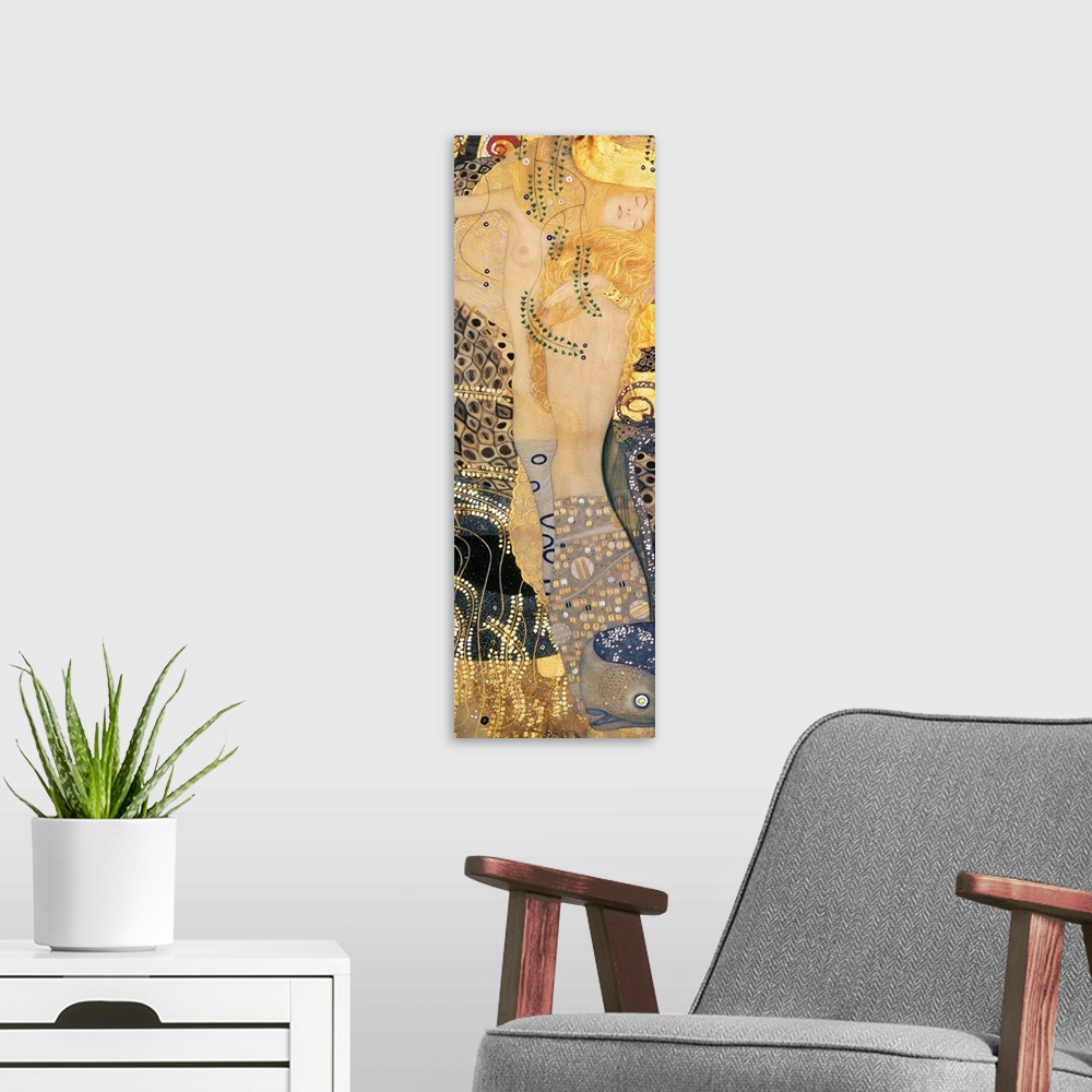 A modern room featuring Panoramic classic art showcases a nude woman who is part snake.  This piece includes a variety of...