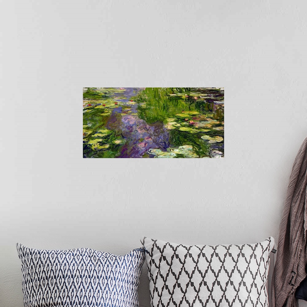 A bohemian room featuring Large classic oil on canvas painting of water lilies.  The texture of the brush strokes give this...