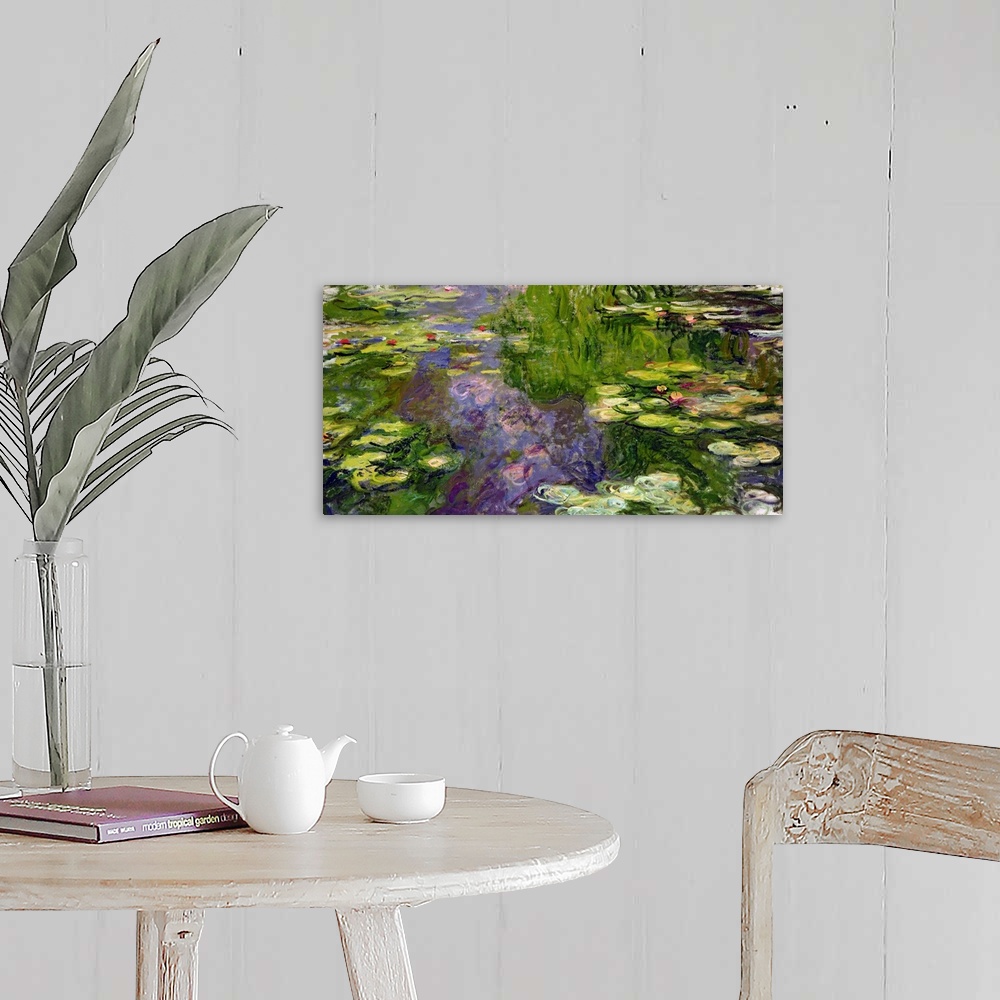 A farmhouse room featuring Large classic oil on canvas painting of water lilies.  The texture of the brush strokes give this...