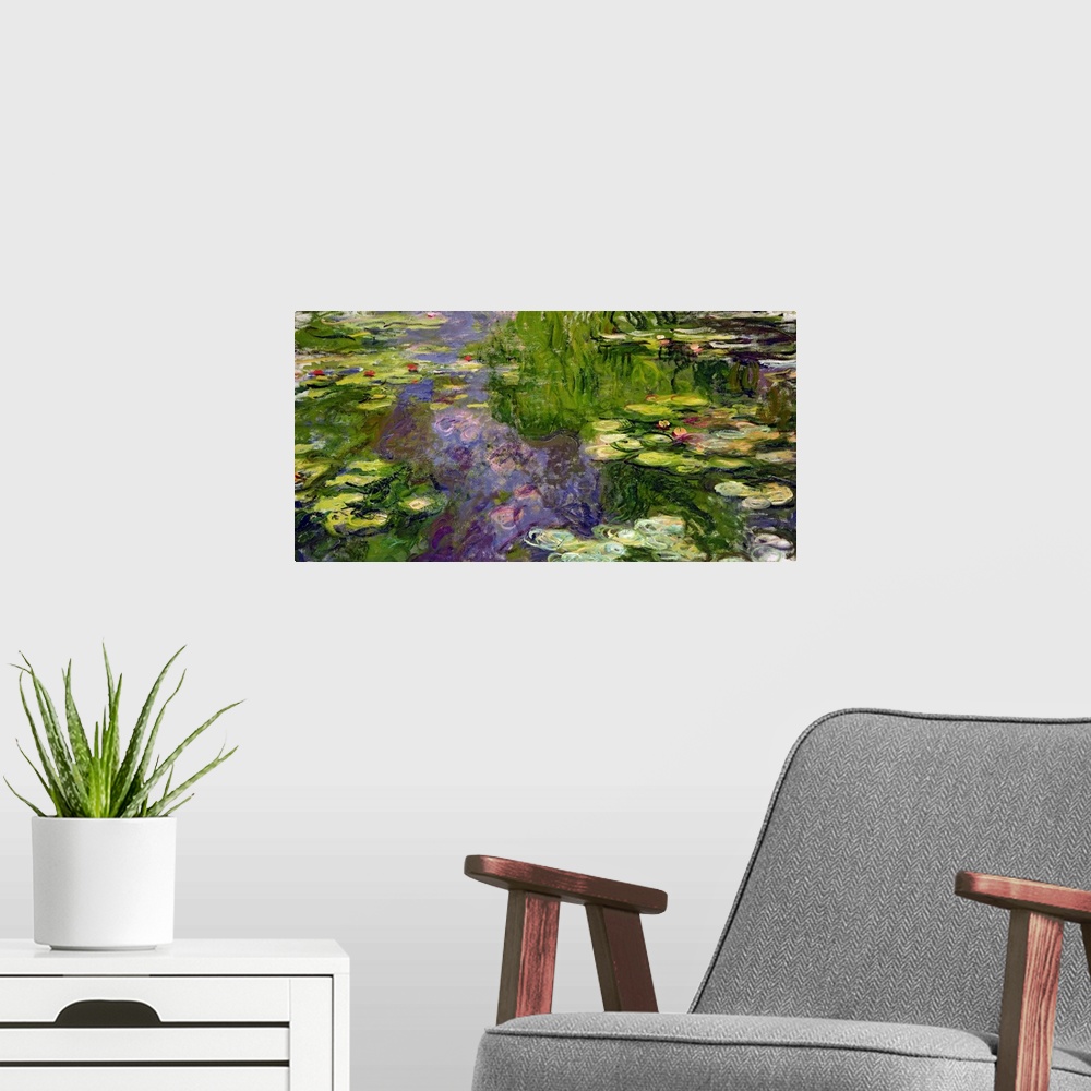 A modern room featuring Large classic oil on canvas painting of water lilies.  The texture of the brush strokes give this...
