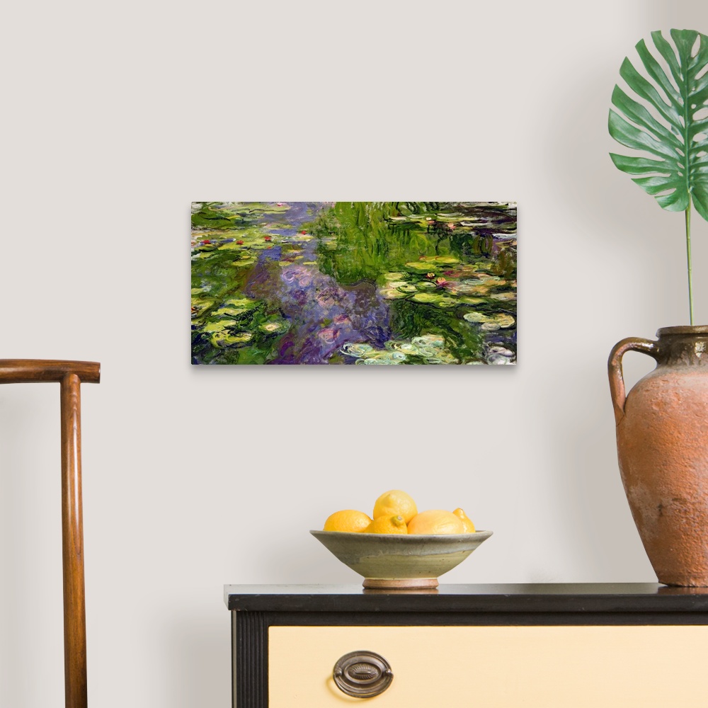 A traditional room featuring Large classic oil on canvas painting of water lilies.  The texture of the brush strokes give this...