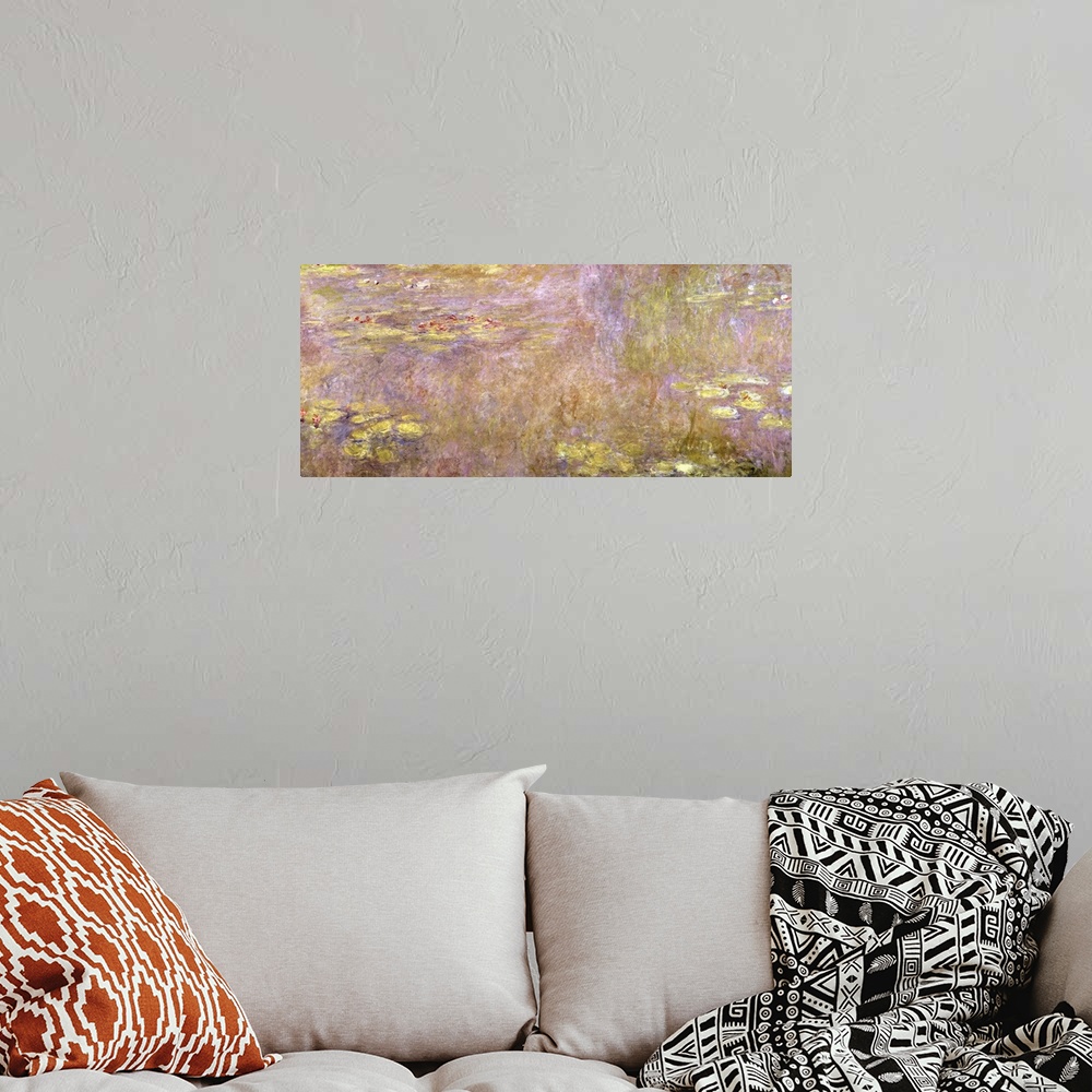 A bohemian room featuring Landscape, classic art painting in warm and golden tones of water lilies and lily pads in swirlin...
