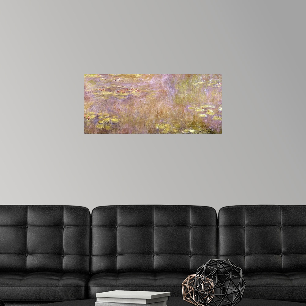 A modern room featuring Landscape, classic art painting in warm and golden tones of water lilies and lily pads in swirlin...