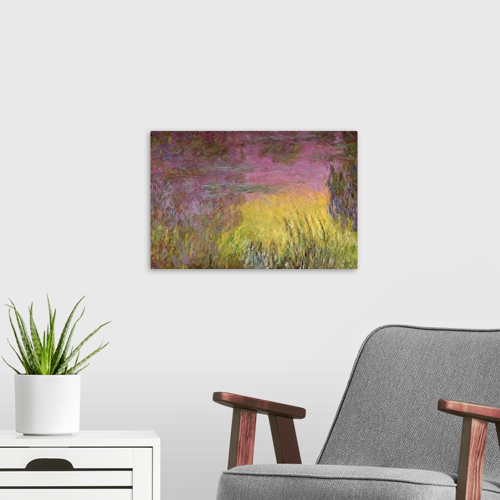A modern room featuring Huge classic art piece includes flowers gently blowing in a breeze within a field as the sun begi...
