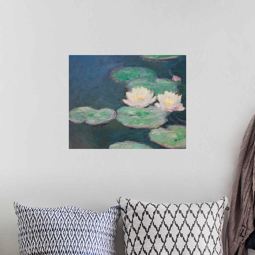 A bohemian room featuring Huge classic art focuses on a group of lily pads sitting on a quiet body of water.