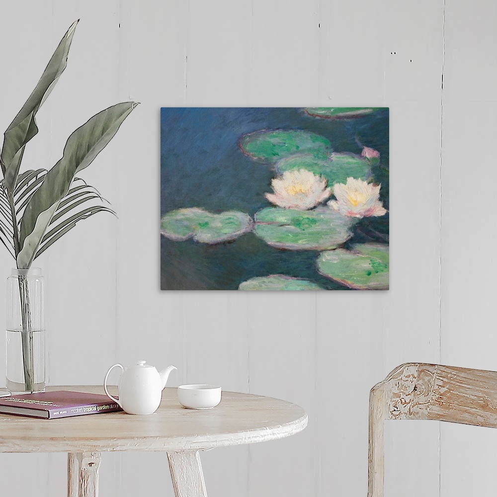 A farmhouse room featuring Huge classic art focuses on a group of lily pads sitting on a quiet body of water.